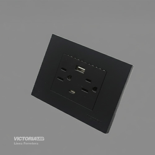 TOMACORRIENTE DOBLE + UBS*1 + TIPO C*1 16A 125/250V PC NEGRO 5U/C