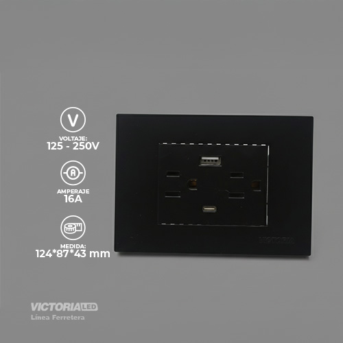 TOMACORRIENTE DOBLE + UBS*1 + TIPO C*1 16A 125/250V PC NEGRO 5U/C