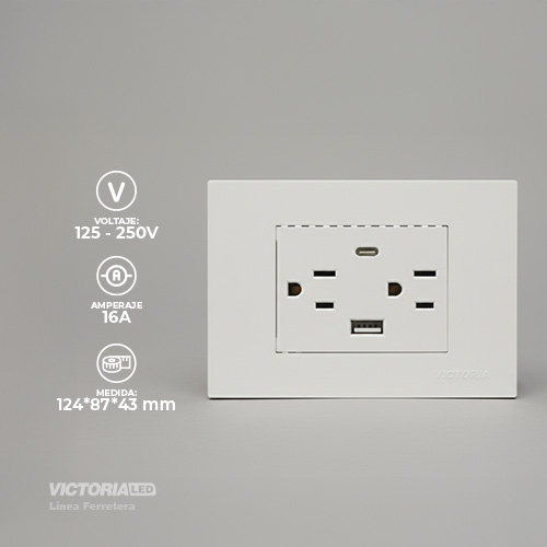 TOMACORRIENTE DOBLE + UBS*1 + TIPO C*1 16A 125/250V PC BLANCO 5U/C