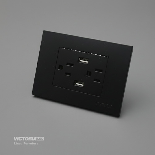 TOMACORRIENTE DOBLE + USB*2 16A 125/250V PC NEGRO 5U/C