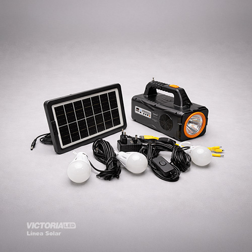 KIT SOLAR PORTATIL LINTERNA/3FOCOS3W/USB/RADIO/MP3/BLUETOOTH