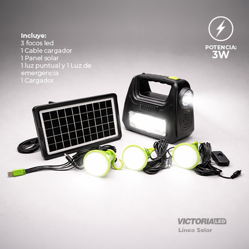 KIT SOLAR PORTATIL LINTERNA/3FOCOS3W/USB