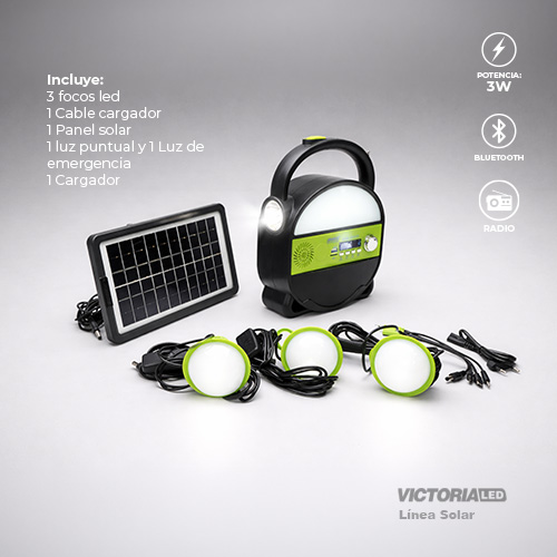 KIT SOLAR PORTATIL LINTERNA/3FOCOS3W/USB/RADIO/MP3/BLUETOOTH