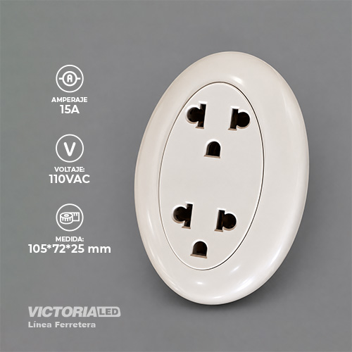 TOMACORRIENTE DOBLE OVALADO SOBREPUESTO 125/250V 15A BLANCO 10U/C