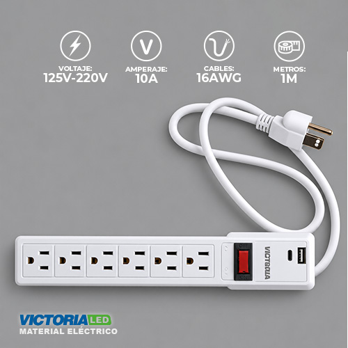 REGLETA 6 PUERTOS 1 METRO DE CABLE 1USB Y 1C