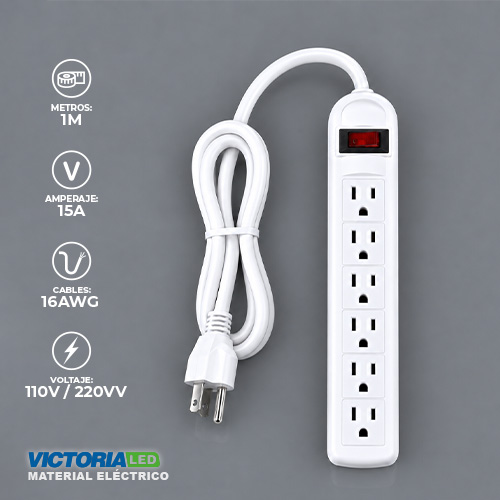 [VLRE-6P 1M] REGLETA ELECTRICA 6 TOMAS CON SUPRESOR DE PICOS 50U/C