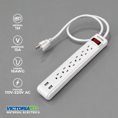 [VLRE-6P USB] REGLETA ELECTRICA 6 TOMAS CON SUPRESOR DE PICOS 50U/C